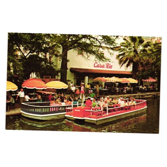 Vintage Casa Rio Mexican Restaurant Postcard San Antonio TX Scenic View Boats - Picture 1 of 2